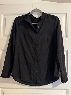 Banana Republic Black Swiss Dot Ruffle-Neck Blouse